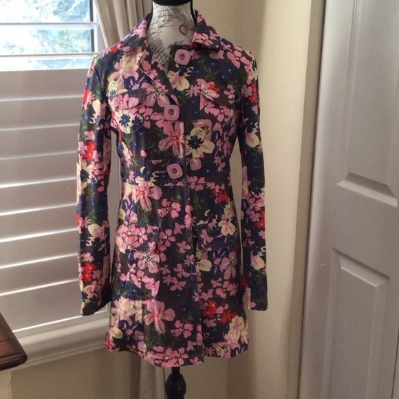 Tara Jarmon for Target Floral Trench Jacket (S) Pink Navy Cotton Statement Coat - Picture 10 of 15